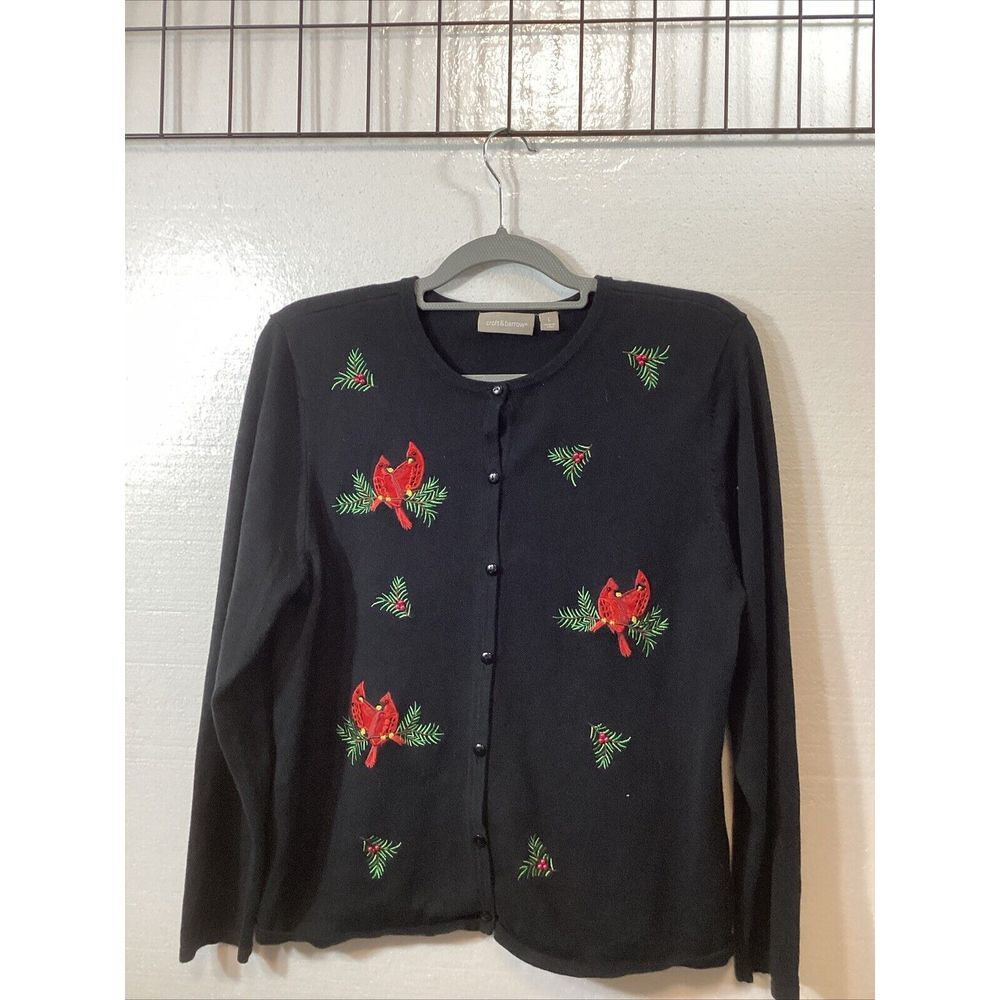 Croft and Barrow Women L Embroidered‎ Cardinal Black Christmas Sweater 58866